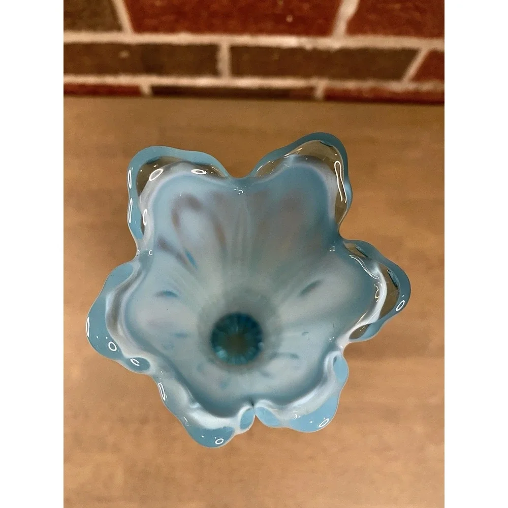 Antique EAPG‎ Blue Opalescent Swung Vase Ribbed Feather Pattern Art Glass